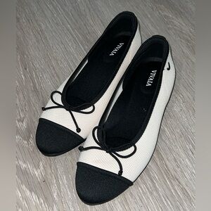 VIVAIA Cap Toe Ballet Flats Beige Black Bow EU36 US6 New Eco Friendly